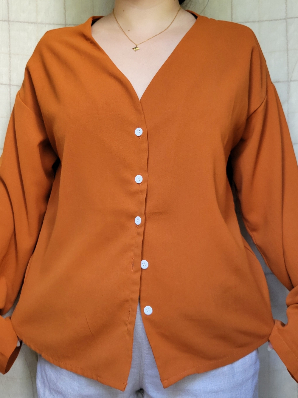 Rust Orange V-Neck Button-Front Blouse
